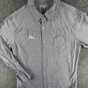 Evisu Medium - XL Button Up Shirt Striped Blue Long Sleeve Designer Pocket Logo